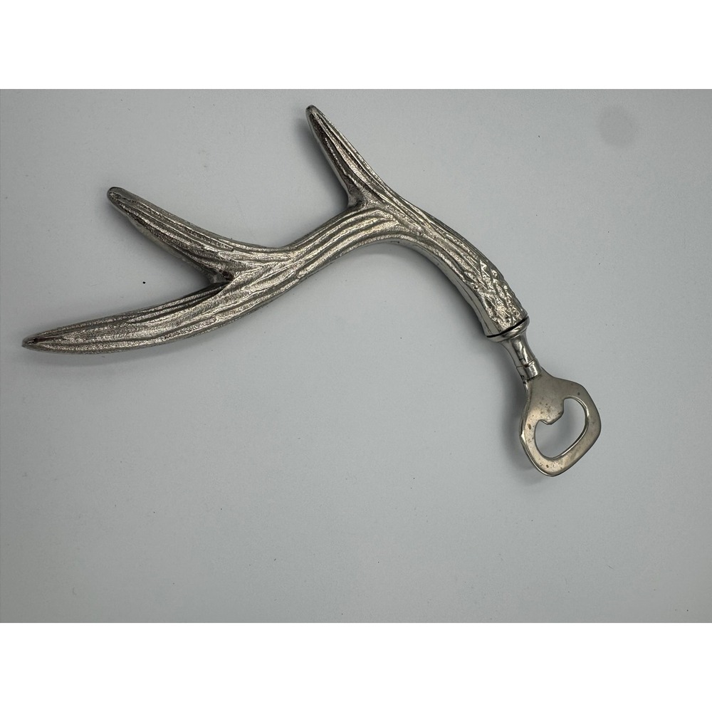 Silver Antler Handle Bottle Opener Rustic Lodge Deer Horn Metal Bar Tool